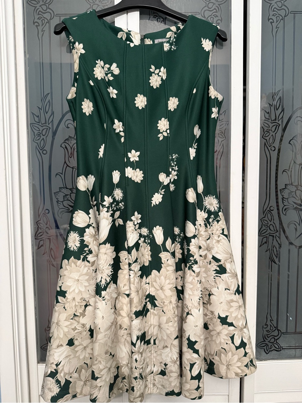 Danny & Nicole Dark Green Floral Dress with Cream Leaves